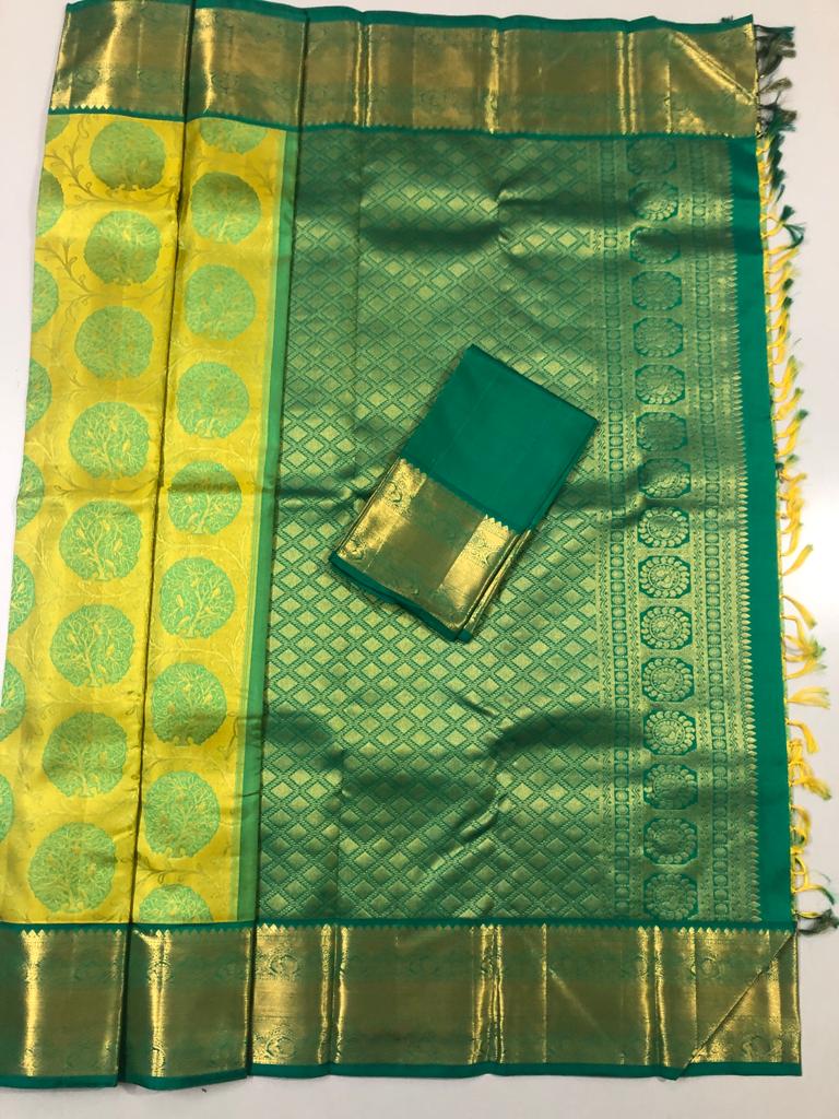 Yellow with Green Pallu (Embossed)(ARI/3001)
