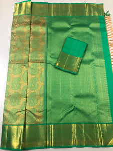 Golden with all over Green Butta with Green Pallu (Embossed)(ARI/3003)