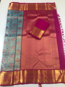 Copper Sulfate Blue with Pink Pallu (Embossed) (ARI/3013)