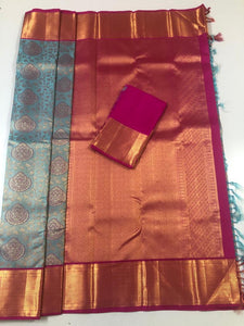 Copper Sulfate Blue with Pink Pallu (Embossed)(ARI/3016)