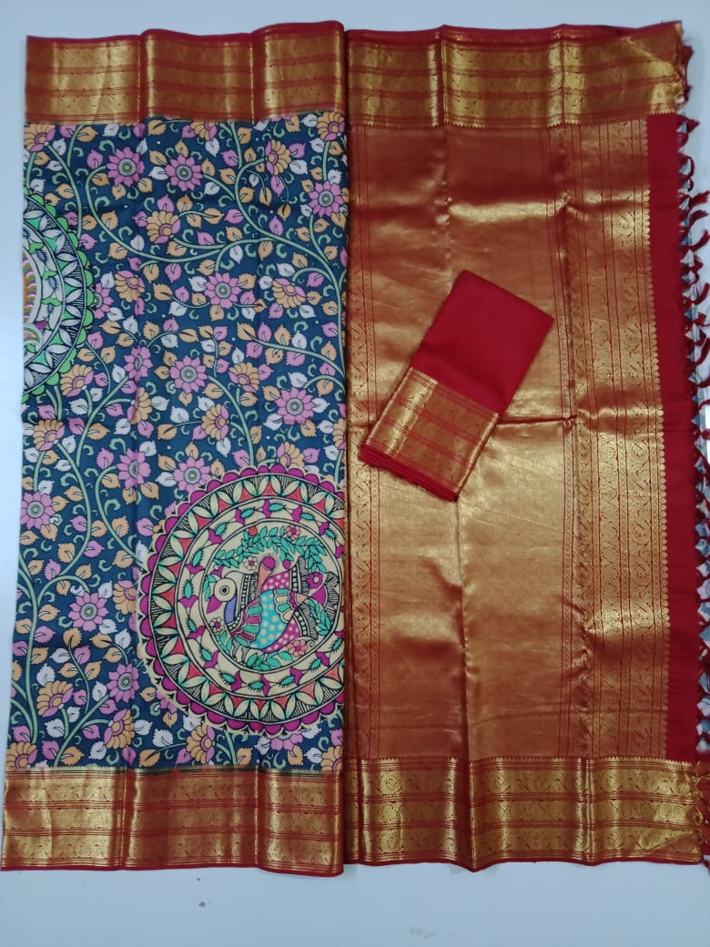 Kalamkari design with Red Pallu (Korvai) (KOD/3023)