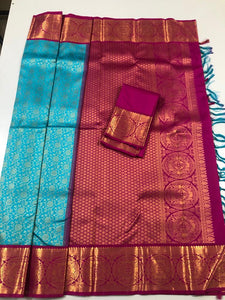 Sky Blue Color with all over design with Dark Pink Pallu (Korvai) (KOR/3020)