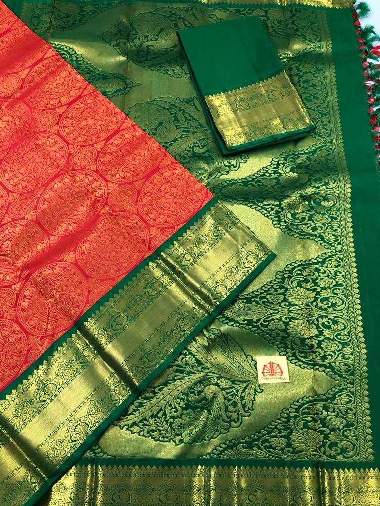 Fanta Orange with all over design with Green Pallu (Korvai) (KOR/3028)