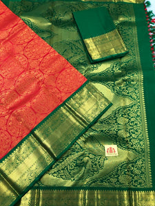 Fanta Orange with all over design with Green Pallu (Korvai) (KOR/3028)