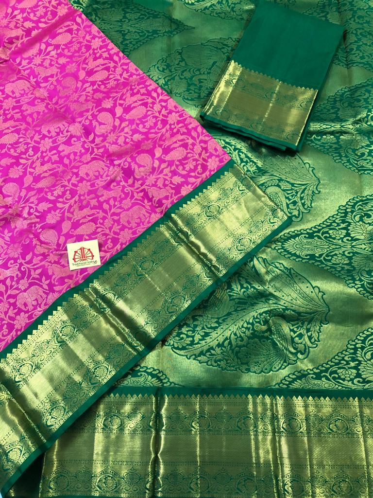 Dark Pink color with all over design with Green Pallu (Korvai) (KOR/3031)