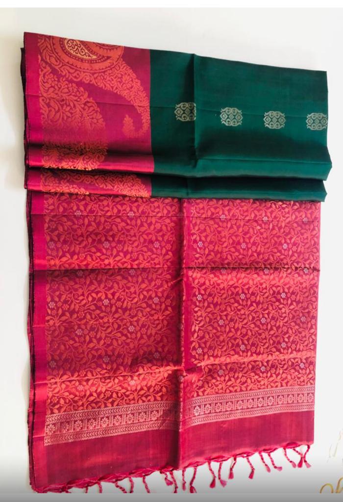 Green Color with Tomato Pink Pallu (Turning) (STM/3297)