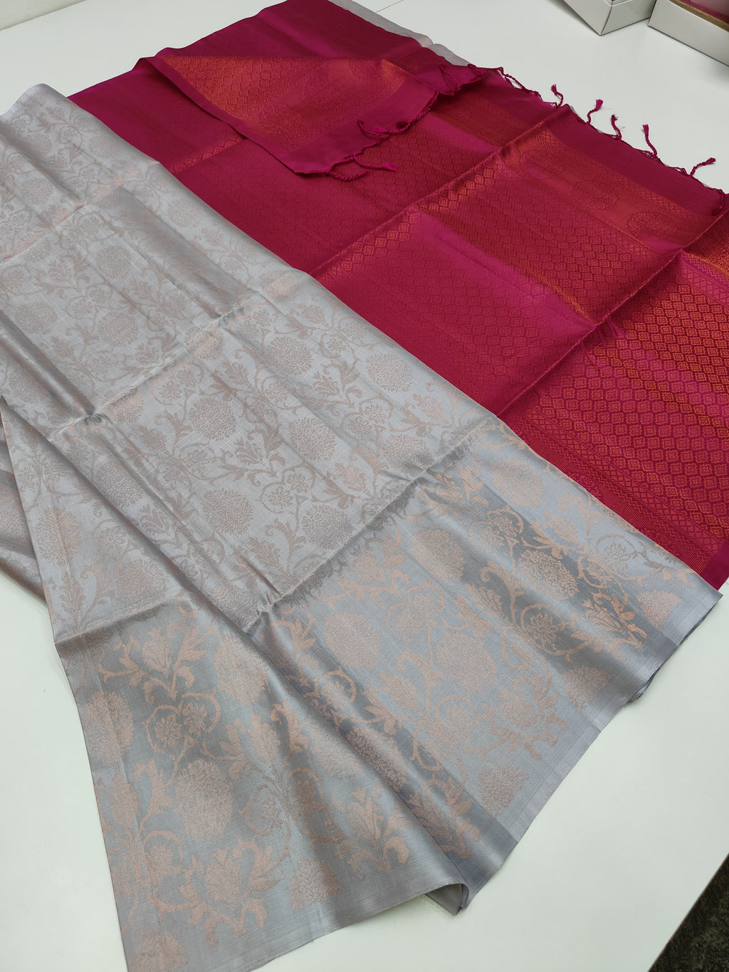 Ash with Pink Pallu (Floral Design) (BORDERLESS) (STM/3362)