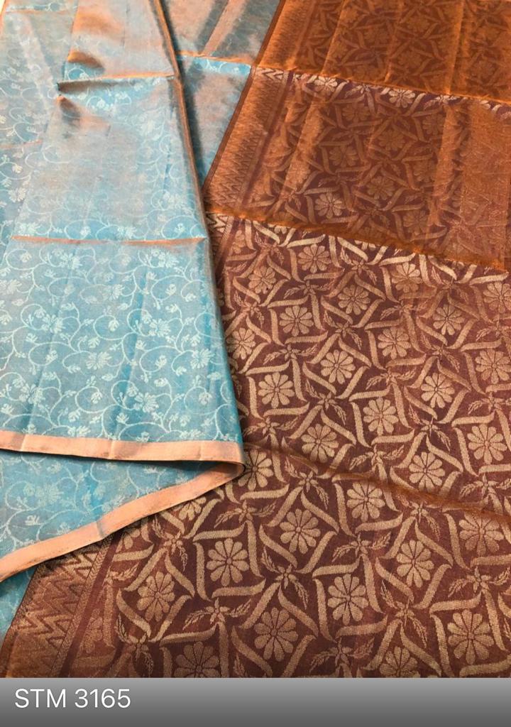 Sky Blue with Silver Zari Butta with Copper Pallu (All Self) (STM/3165)