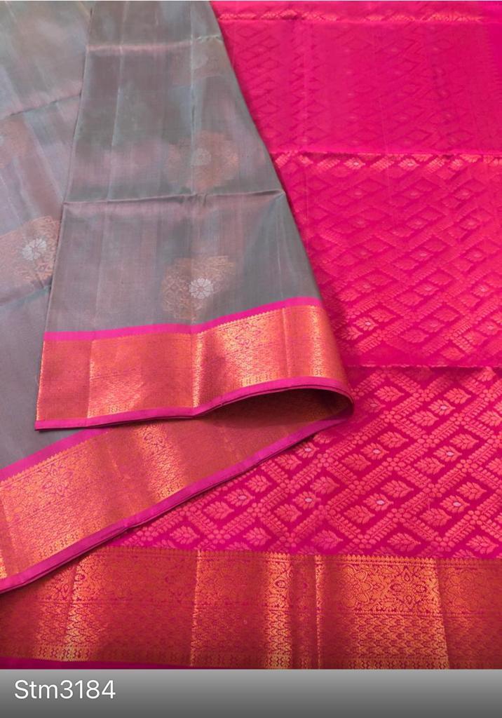 Ash with Copper and Silver Butta with Pink Pallu  (Jacquard Border) (STM/3184)