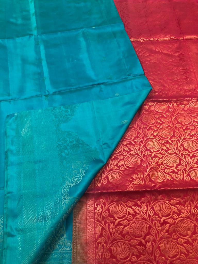 Copper Sulfate Blue with Rani Pink pallu (Turning) (STM/3227)