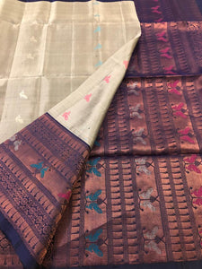 Ash with Dark Blue Pallu  (Turning) (STM/3278)